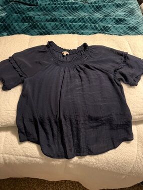 Nanette Lepore Navy Short-Sleeve Ruffle Neck Blouse